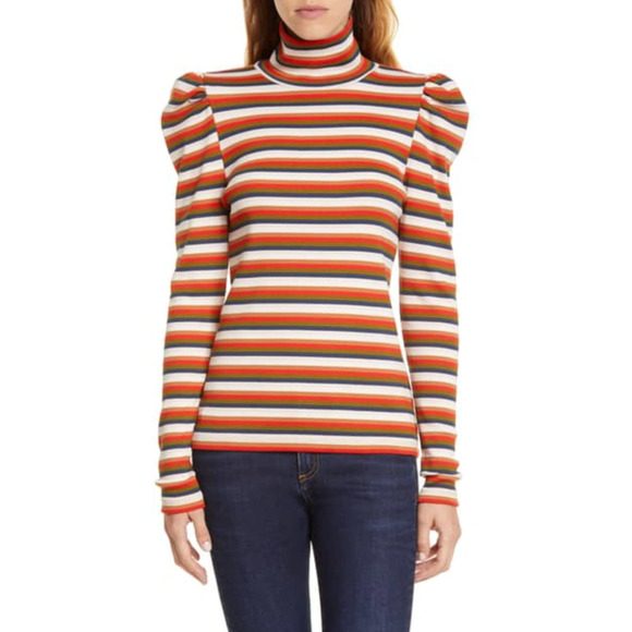 Veronica Beard Tops - Veronica Beard Cedar Stripe Puff Sleeve Ribbed Turtleneck Top Women's Size XL